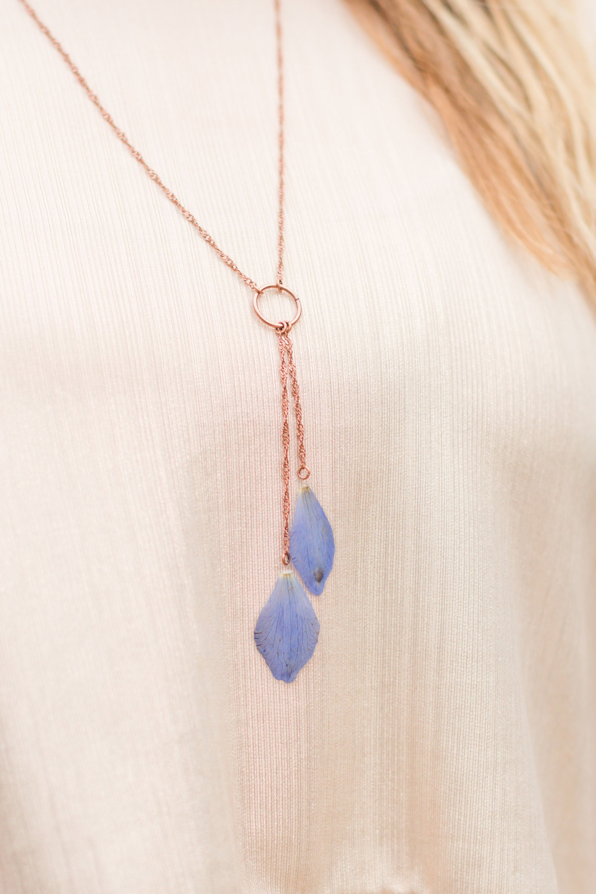 Blue Delphinium Pressed Petal Lariat Necklace