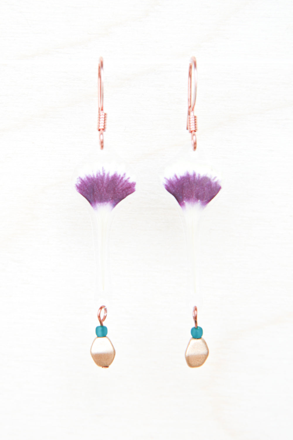 Sweet William Pressed Petal Earrings with Teal & Flax Glass Beads