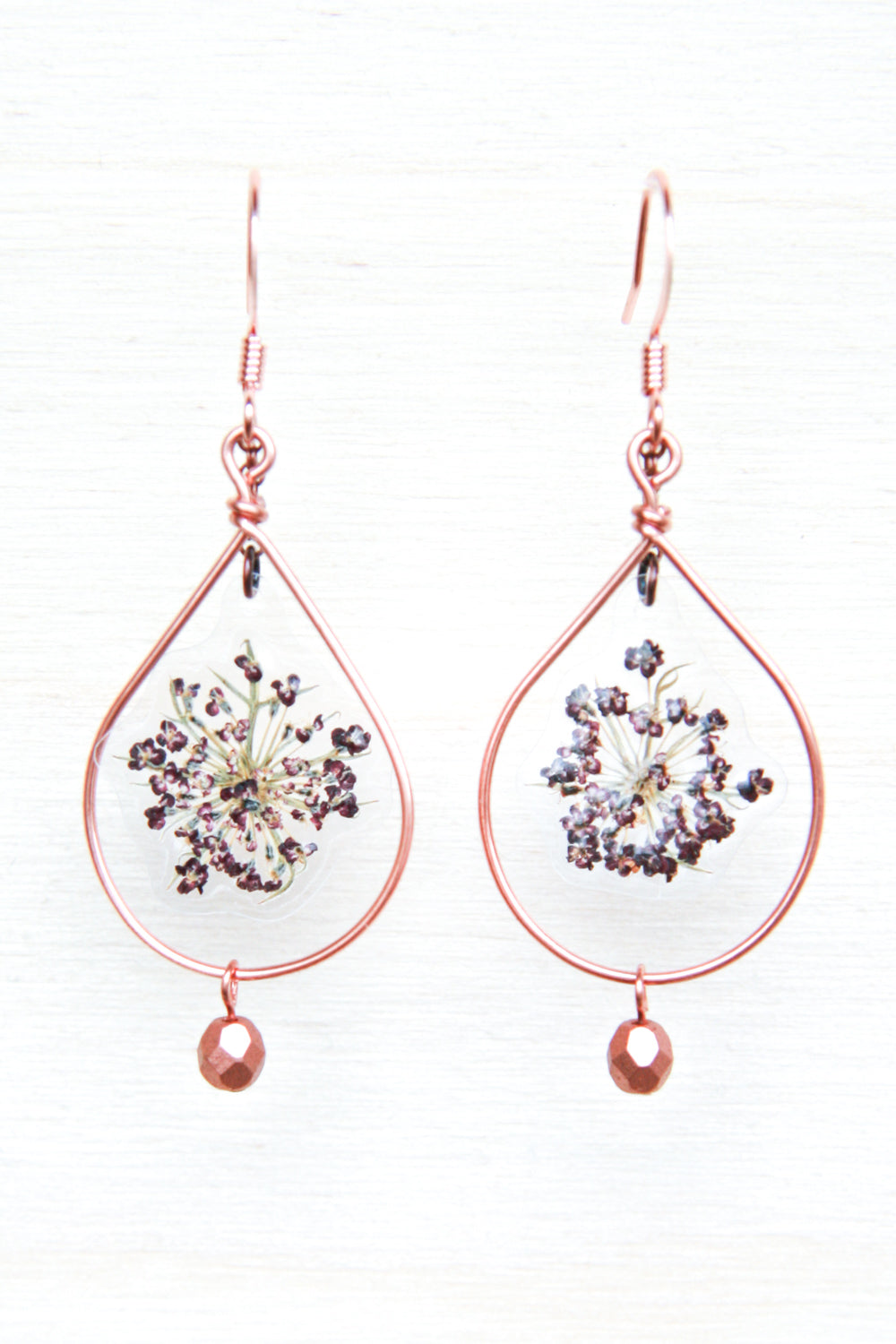 Purple Queen Anne’s Lace Pressed Flower Earrings with Copper Teardrop Hoop & Glass Beads