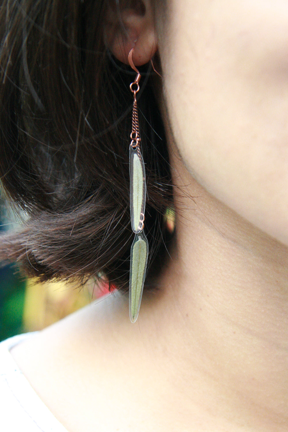 Green Sage Pressed Leaf Earrings with Satellite Chain