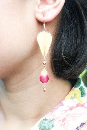 Fuchsia & White Rose Pressed Flower Earrings with Glass Beads