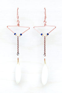 White Shasta Daisy Petal Earrings with Copper Triangle Hoop & Navy Beads