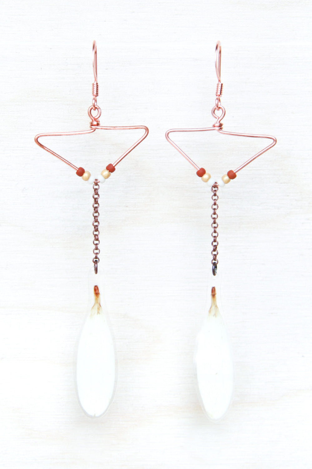 White Shasta Daisy Petal Earrings with Copper Triangle Hoop & Terracotta Beads