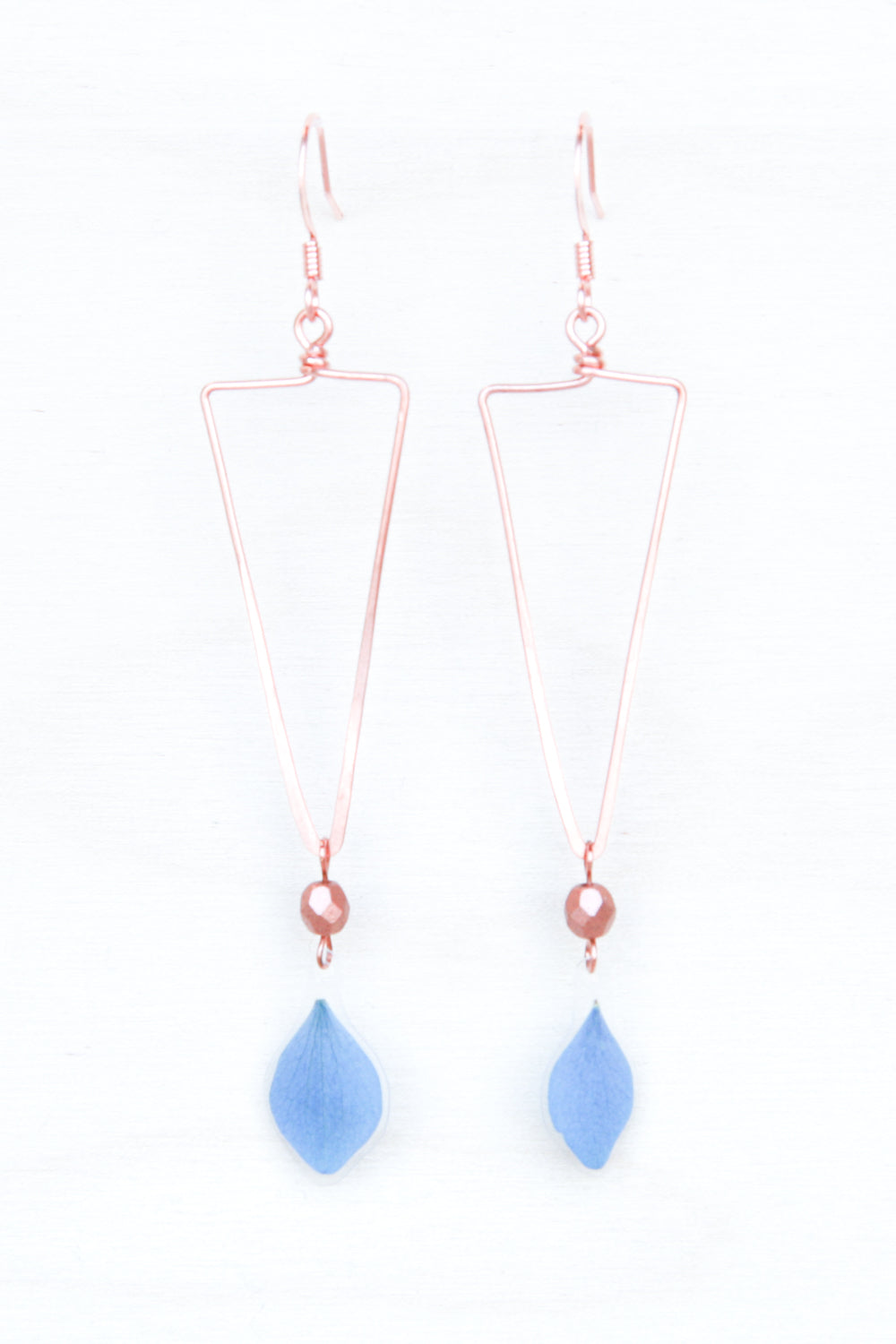 Blue Hydrangea Triangle Hoop Earrings with Copper Beads