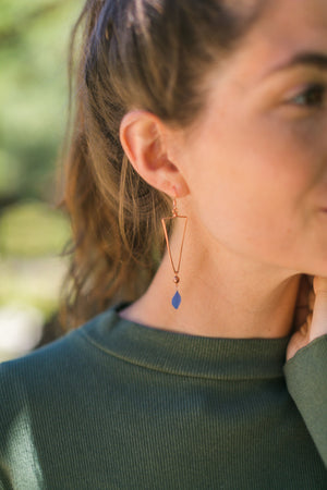 Blue Hydrangea Triangle Hoop Earrings with Copper Beads