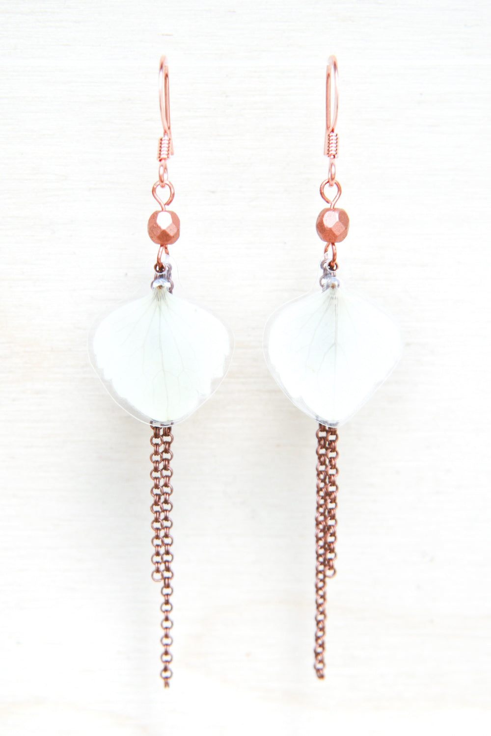 White Hydrangea Petal Earrings with Copper Beads & Dangles