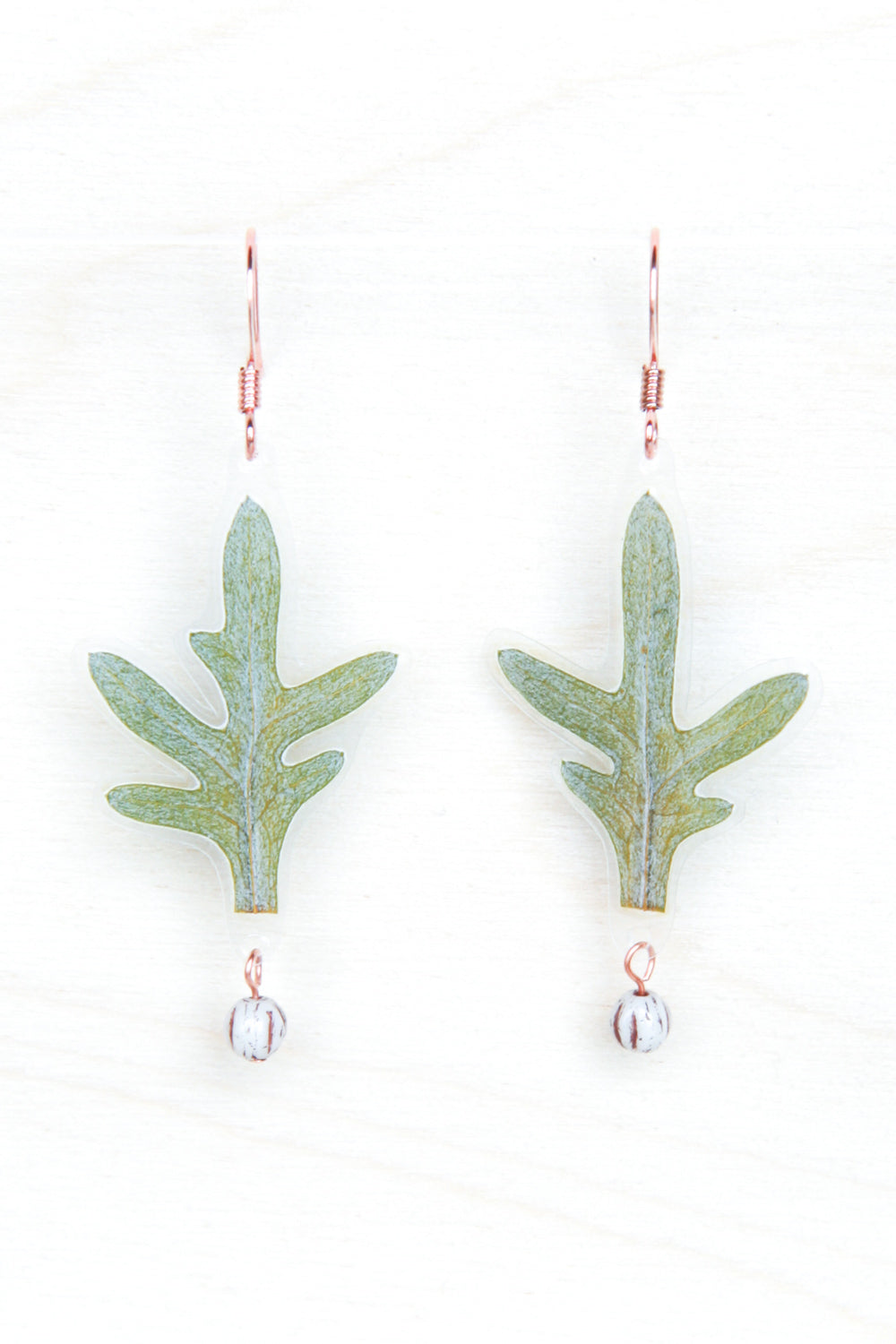 Green Dusty Miller Leaf Beaded Earrings