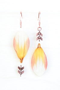 White Orange Dahlia Chevron Beaded Earrings
