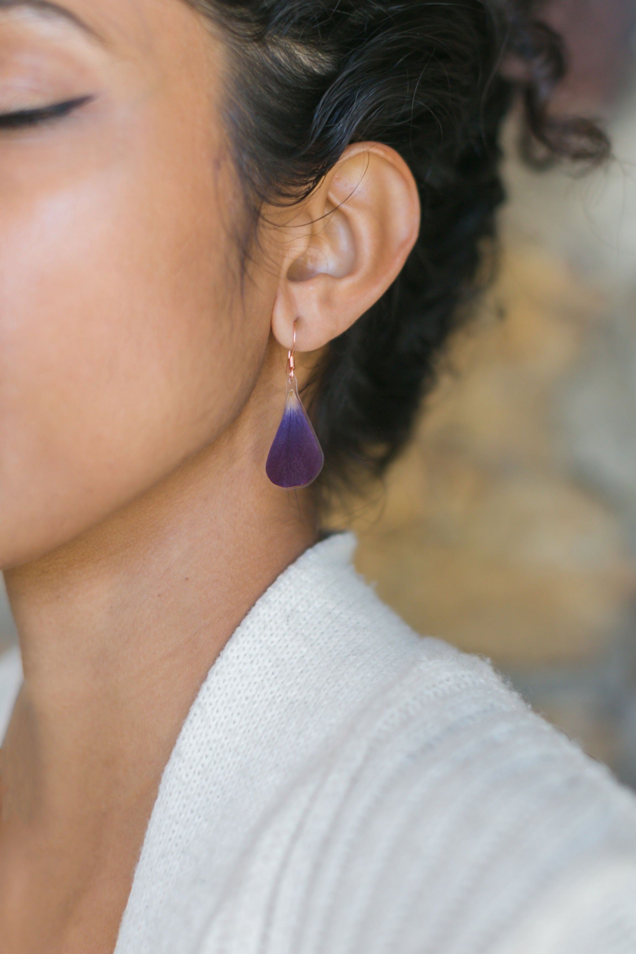 Purple Ranunculus Petal Drop Earrings