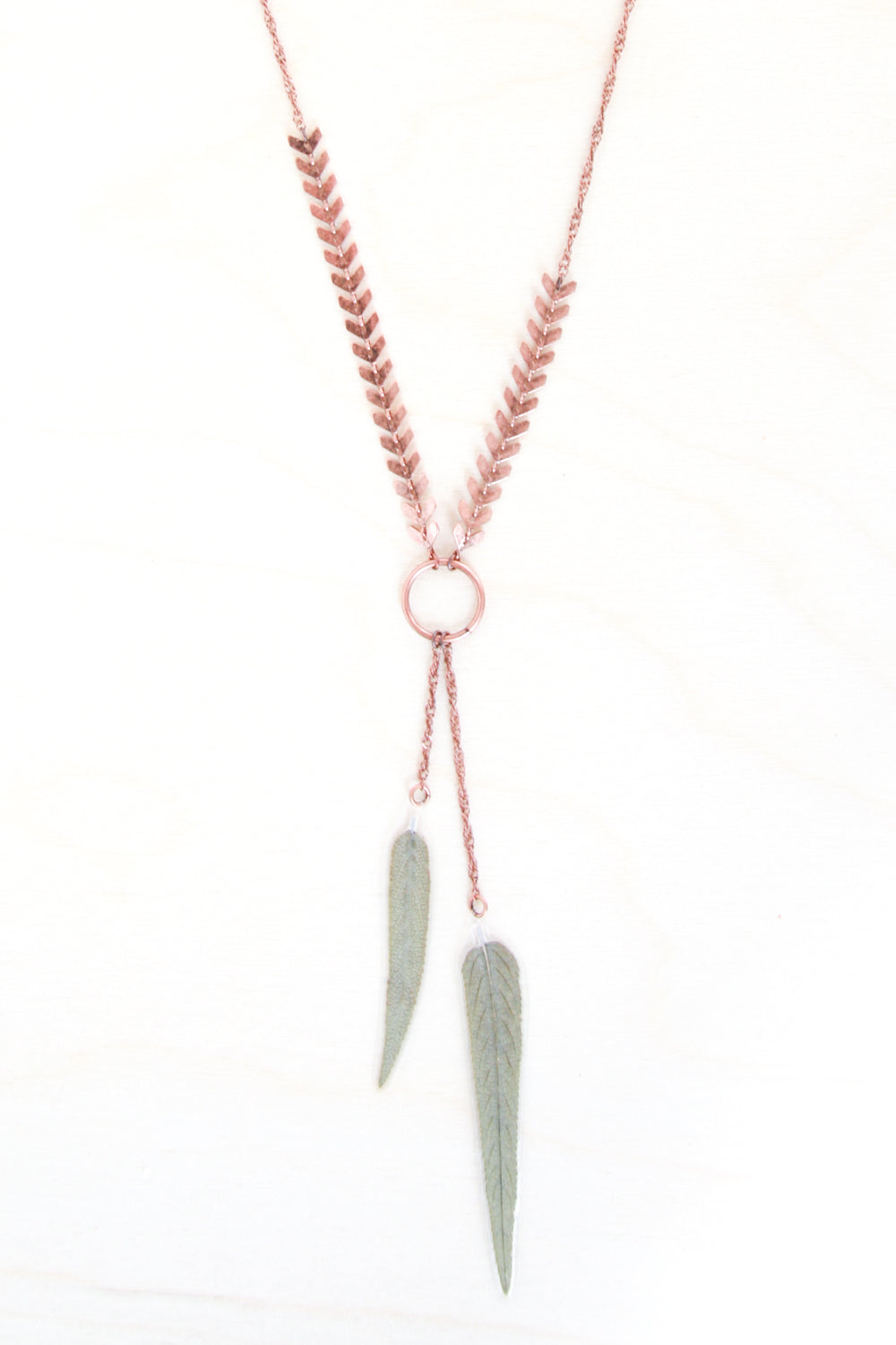 Green Sage Pressed Leaf Necklace with Copper Chevron