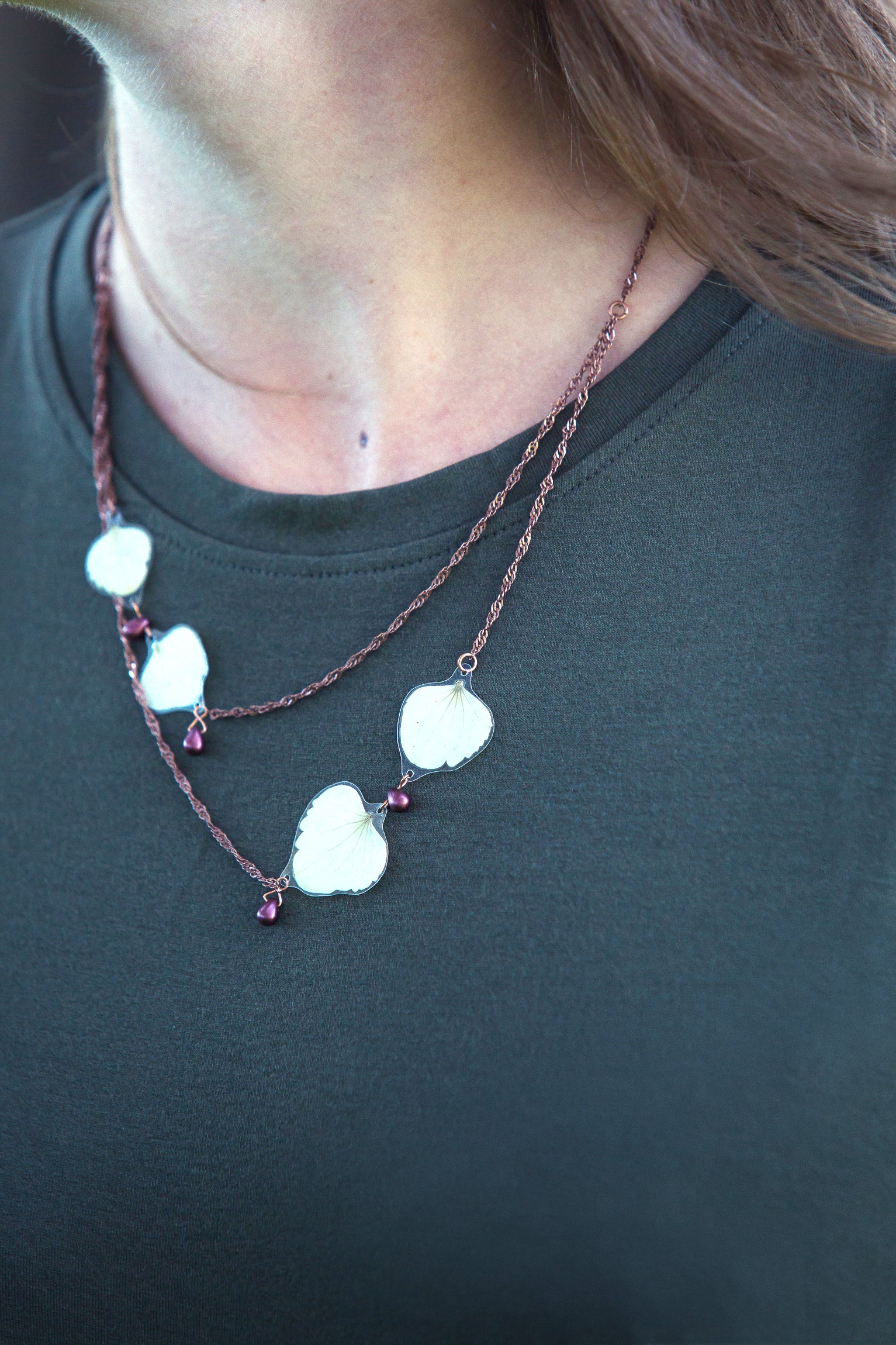White Hydrangea Pressed Petal Necklace with Cranberry Teardrop Glass Beads