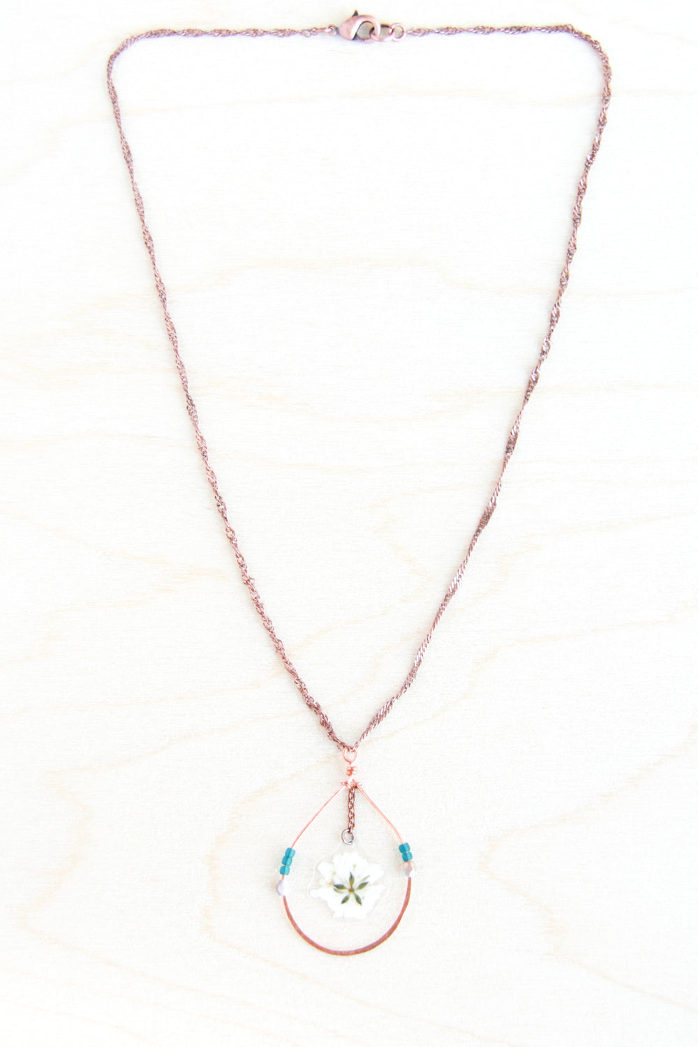 Baby’s Breath Pressed Flower Necklace with Copper Teardrop Hoops and Teal Glass Beads