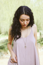 Purple Queen Anne’s Lace Pressed Flower Necklace with Copper Teardrop Hoop & Glass Beads