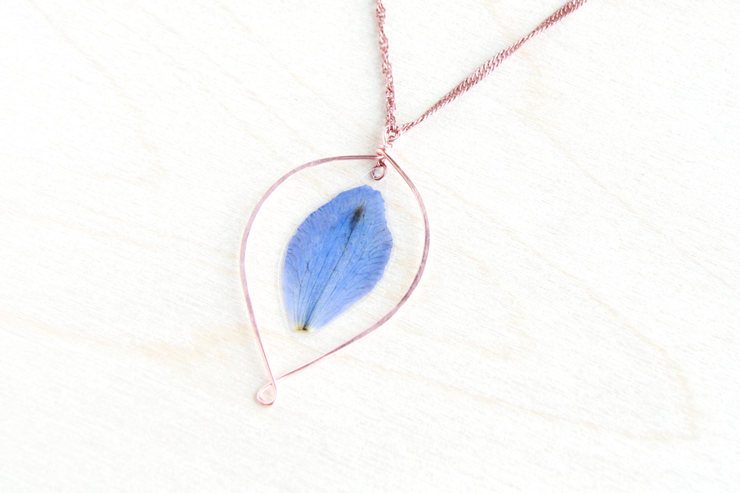 Blue Delphinium Pressed Petal Loop Hoop Necklace
