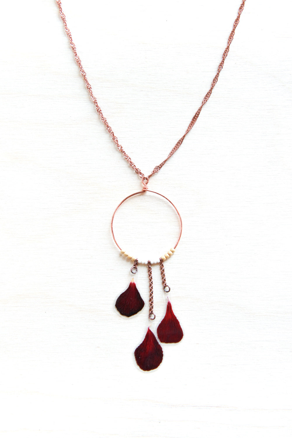 Red Geranium Flower Necklace with Copper Hoop & Gold Beads