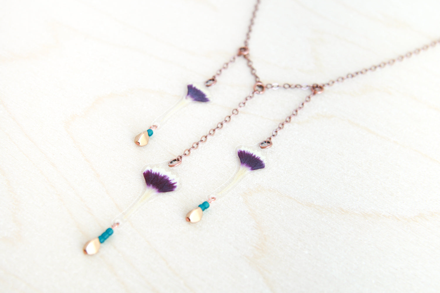 Sweet William Pressed Petal Necklace with Teal & Flax Glass Beads