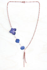 Purple Hydrangea Pressed Flower Necklace with Pink Glass Beads & Double Roll Dangles