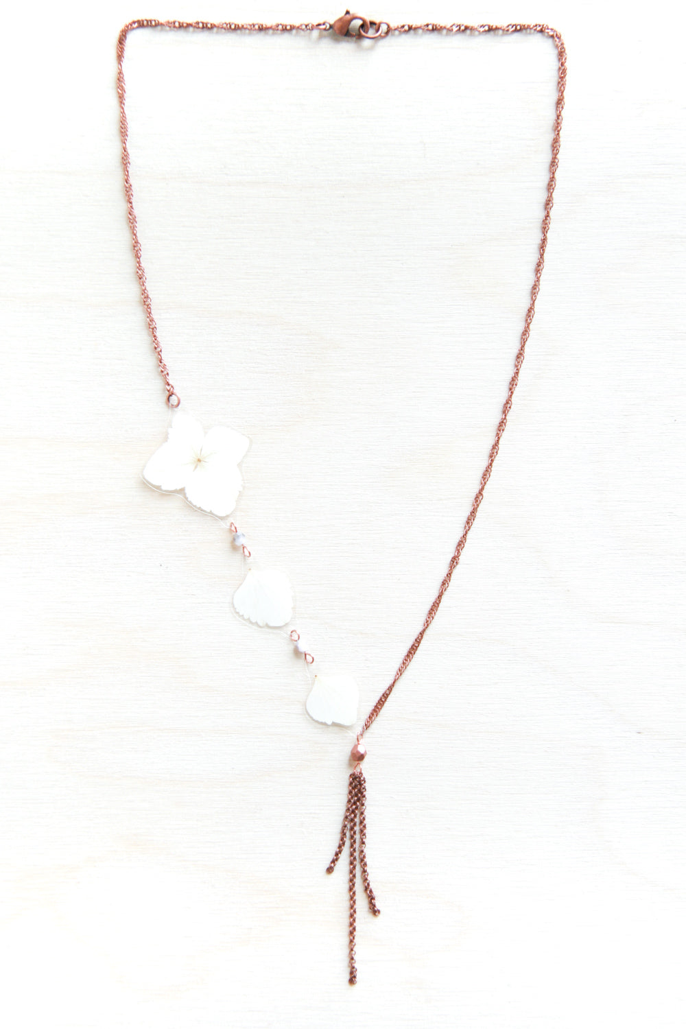 White Hydrangea Flower Necklace with Copper Beads & Dangles