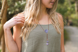 Purple Hydrangea Flower Lariat Necklace with Pink Beads