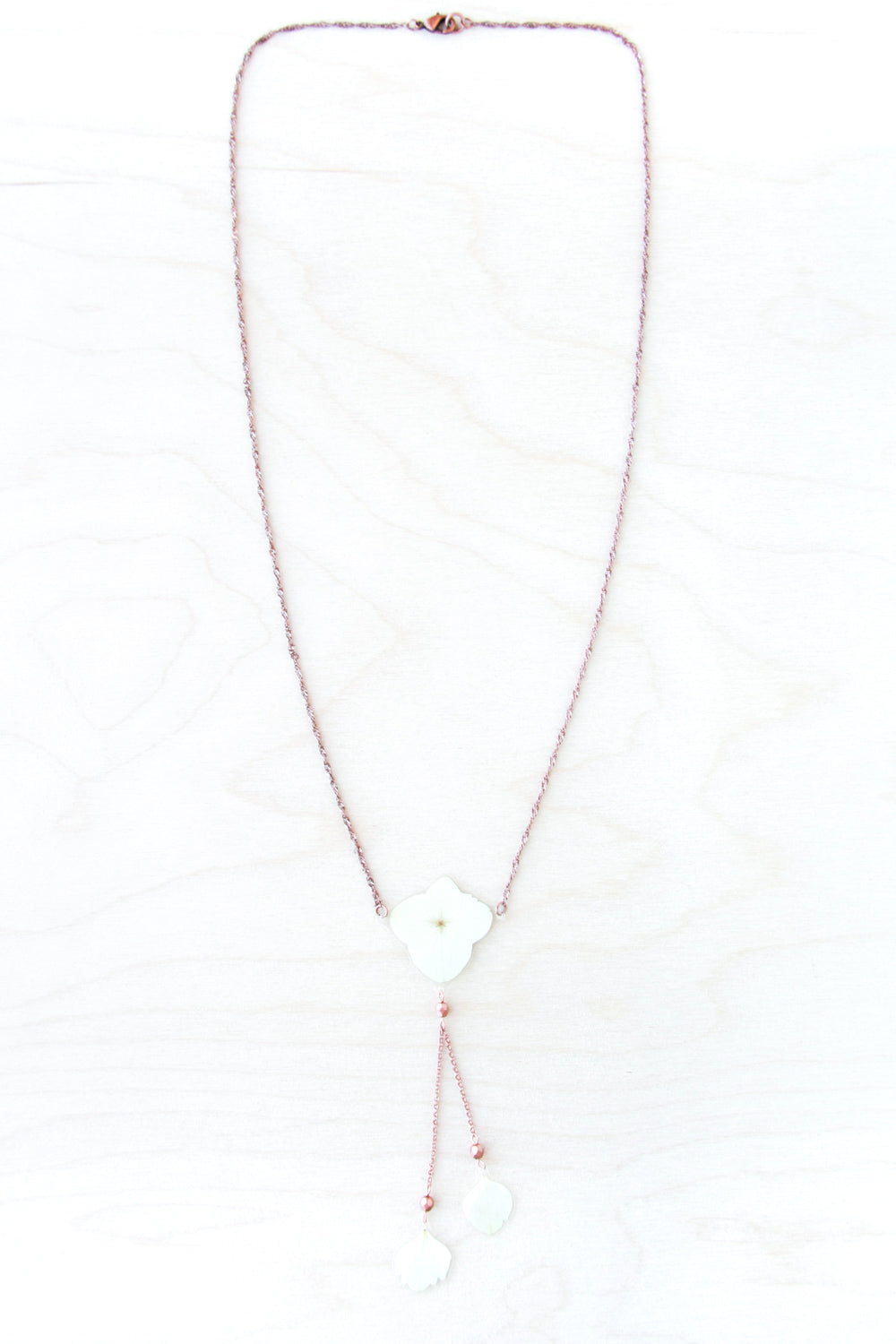 White Hydrangea Flower Lariat Necklace with Copper Beads