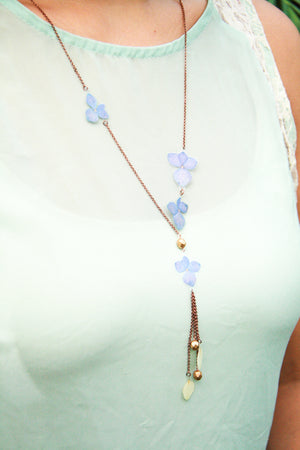 Purple & White Hydrangea Pressed Flower Necklace with Glass Beads