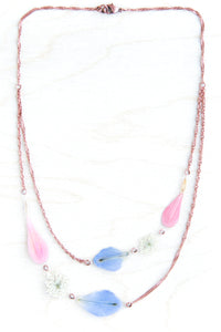 Pink Zinnia + Blue Delphinium + White Queen Anne’s Lace Flower Bouquet Necklace