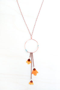Yellow Coreopsis Pressed Flower Necklace with Copper Hoop & Glass Beads