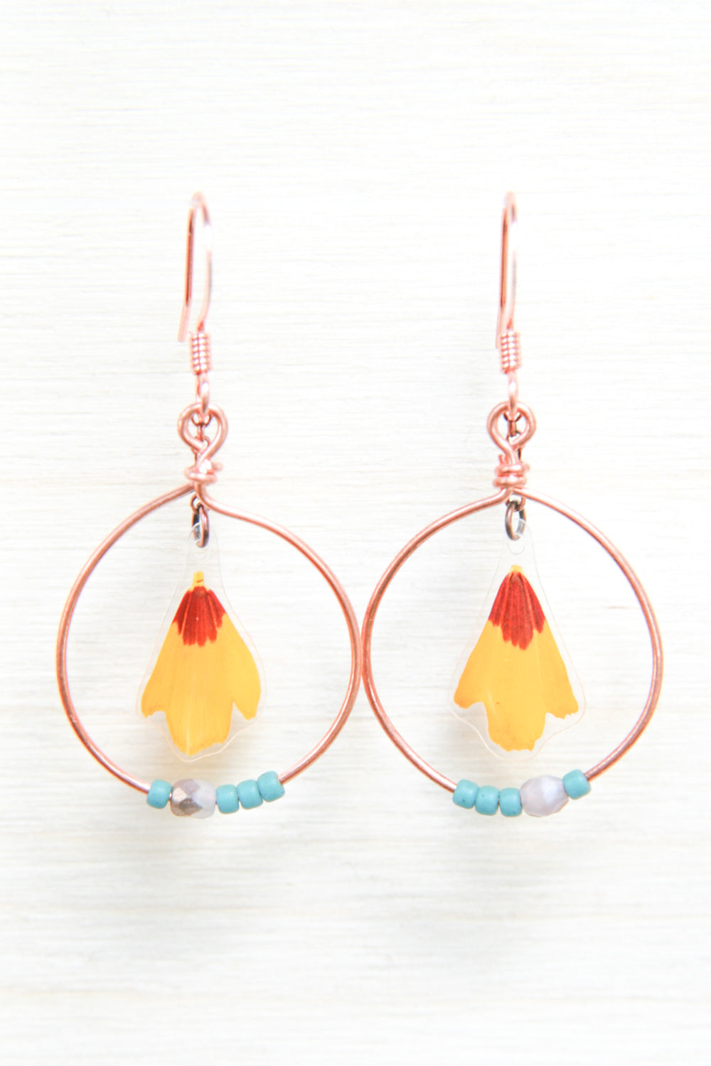 Yellow Coreopsis Pressed Flower Earrings with Copper Hoop & Glass Beads