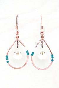 Baby's Breath Pressed Flower Petal Earrings with Copper Teardrop Hoops and Teal Glass Beads