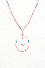 Baby’s Breath Pressed Flower Necklace with Copper Teardrop Hoops and Teal Glass Beads