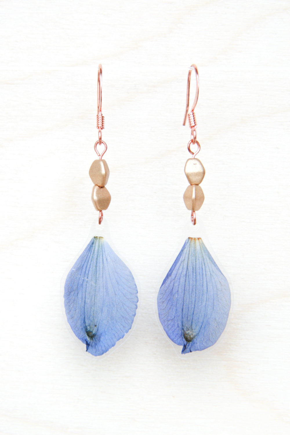 Delphinium Pressed Petal Earrings with Flax Metallic Glass Beads