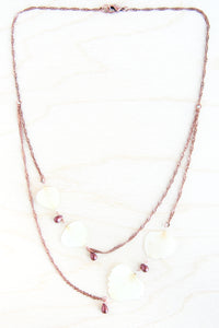 White Hydrangea Pressed Petal Necklace with Cranberry Teardrop Glass Beads