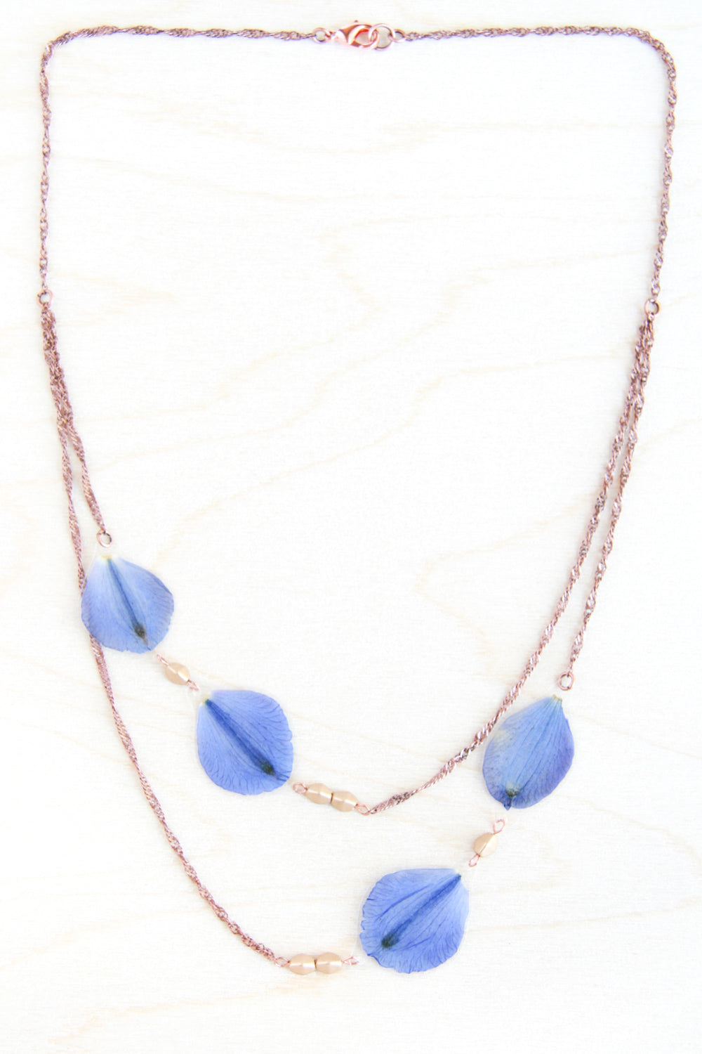 Delphinium Pressed Petal Necklace with Flax Metallic Glass Beads
