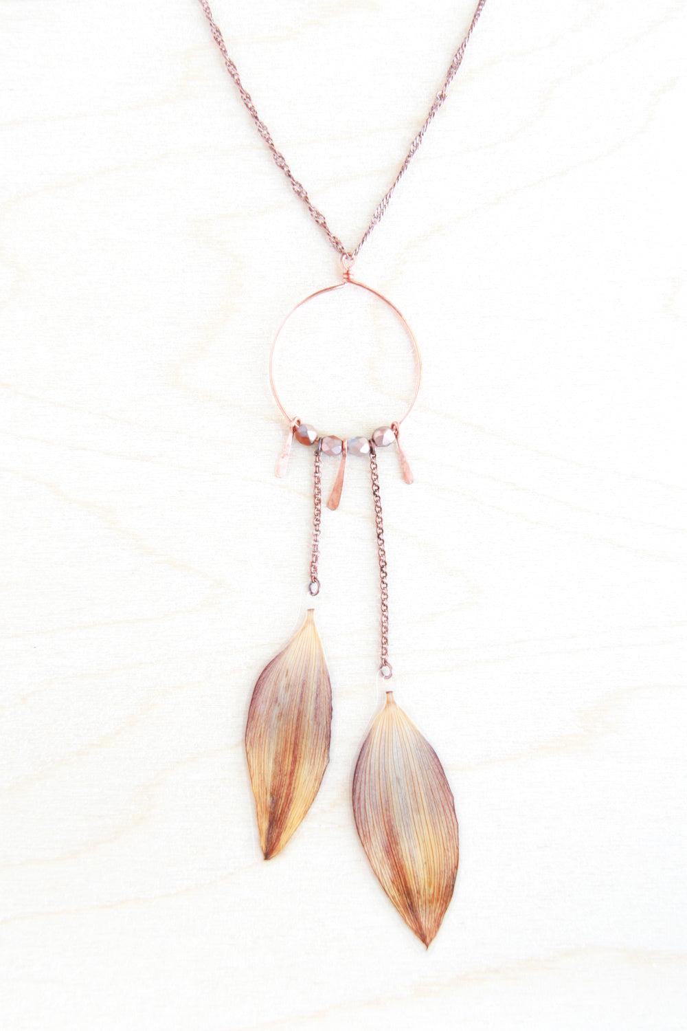 Brown & Yellow Sunflower Pressed Flower Necklace with Copper Hoop, Hammered Sun Rays, and Burnt Umber Glass Beads