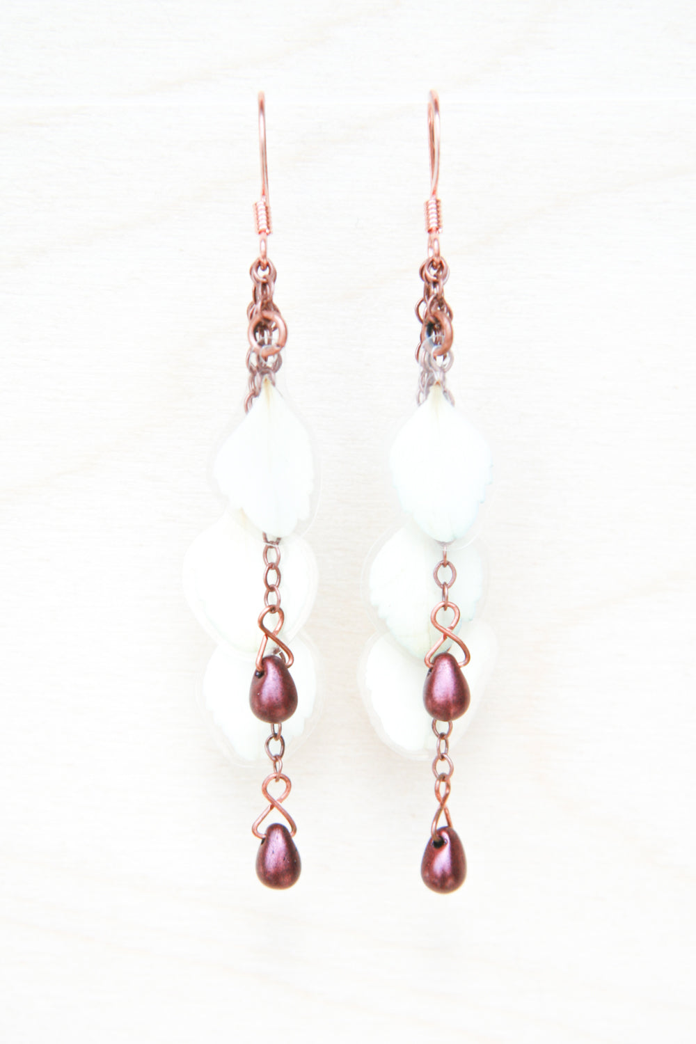 White Hydrangea Pressed Petal Earrings with Cranberry Teardrop Glass Beads