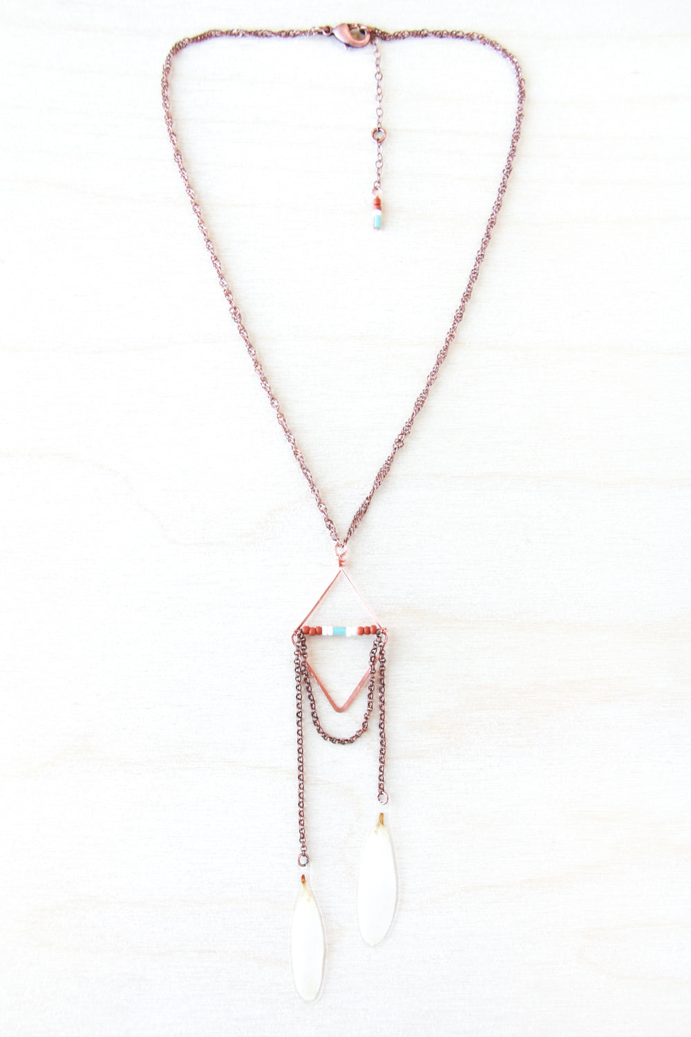 White Shasta Daisy Pressed Petal Necklace with Hammered Copper Diamond Hoop & Terracotta, Cream & Turquoise Glass Beads