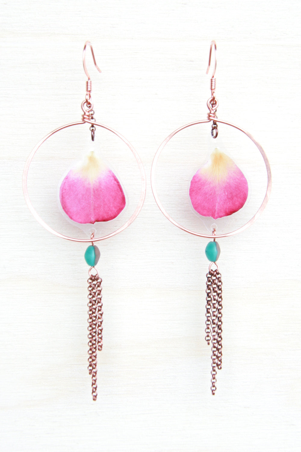 Pink Rose Pressed Flower Earrings with Hammered Copper Hoops, Turquoise Glass & Double Rolo Dangles