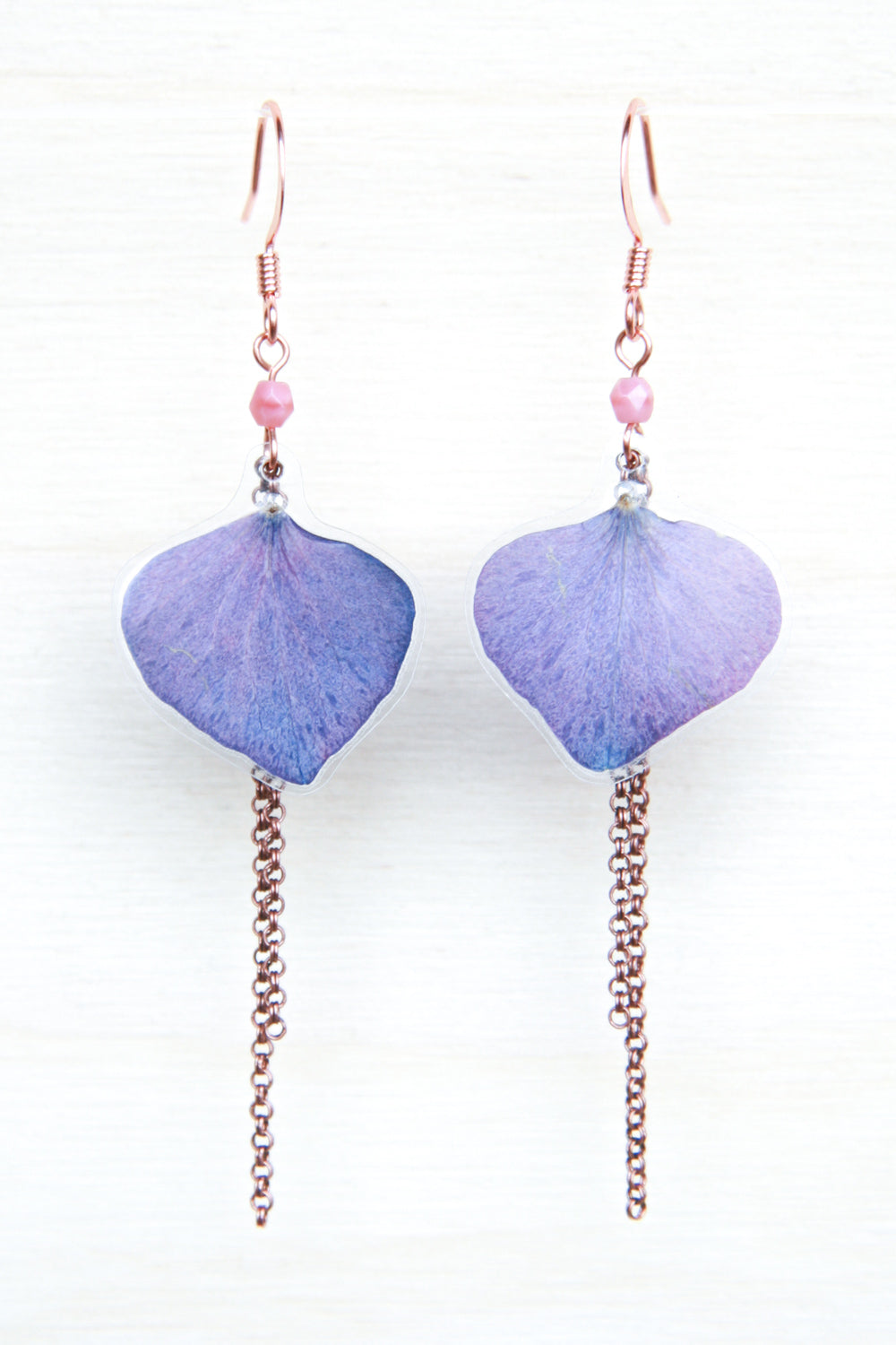 Purple Hydrangea Pressed Petal Earrings with Pink Glass Beads & Double Rolo Dangles