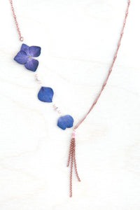 Purple Hydrangea Pressed Flower Necklace with Pink Glass Beads & Double Roll Dangles