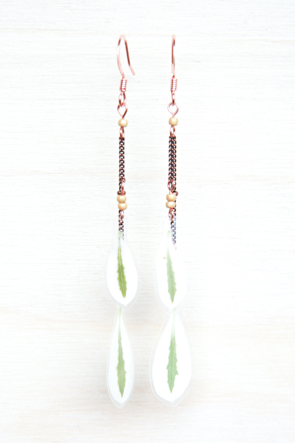 Green & White Snow on the Mountain Pressed Leaf Earrings with Matte Gold Glass Beads
