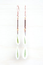 Green & White Snow on the Mountain Pressed Leaf Earrings with Matte Gold Glass Beads