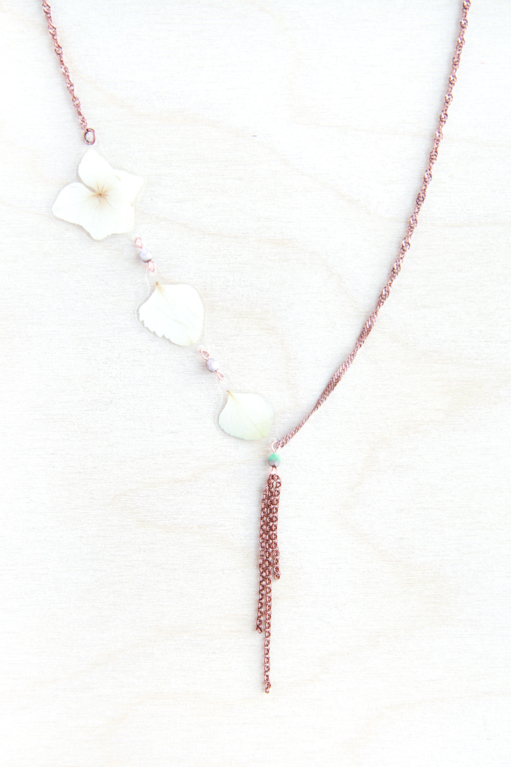 White Hydrangea Pressed Flower Necklace with Turquoise Glass Beads & Double Rolo Dangles