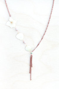 White Hydrangea Pressed Flower Necklace with Turquoise Glass Beads & Double Rolo Dangles