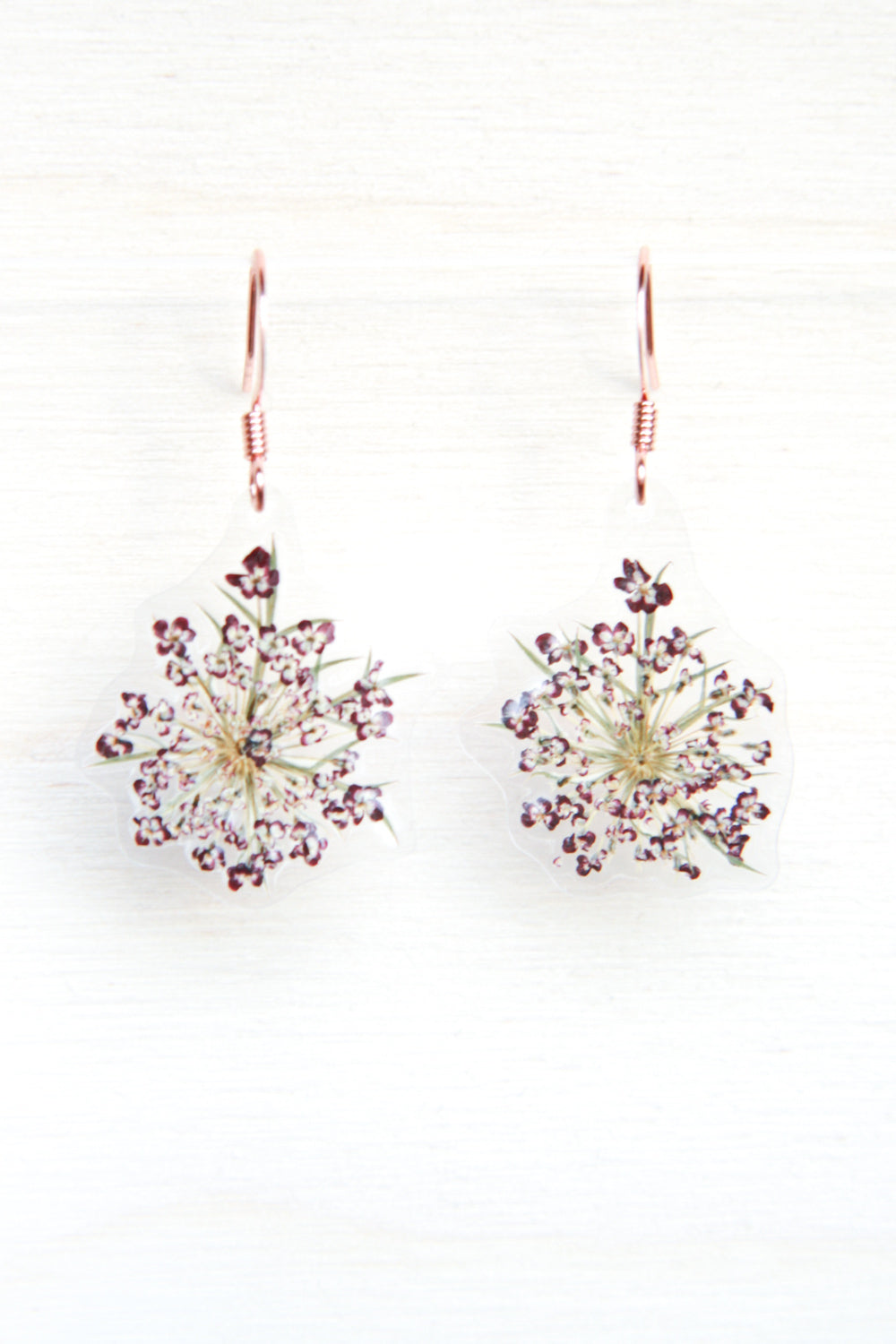 Purple Queen Anne’s Lace Pressed Flower Drop Earrings