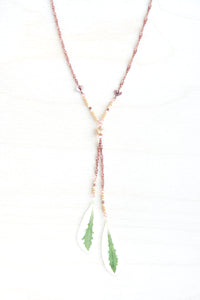Green & White Snow on the Mountain Pressed Leaf Necklace with Matte Gold Glass & Copper Beads