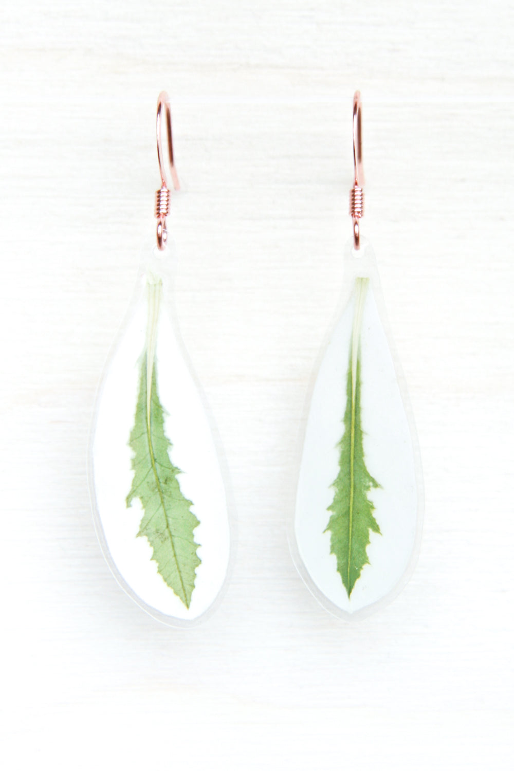 Green & White Snow on the Mountain Pressed Leaf Earrings