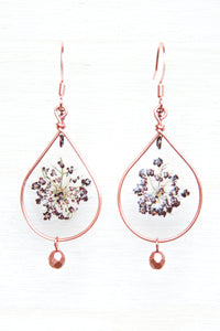 Purple Queen Anne’s Lace Pressed Flower Earrings with Copper Teardrop Hoop & Glass Beads